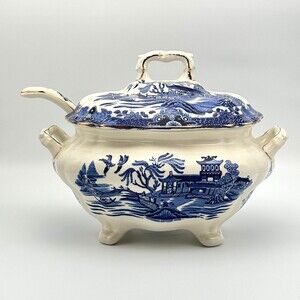 Burleigh Ware Blue Willow Soup Tureen Bowl Ladle Footed Dinnerware Tableware UK